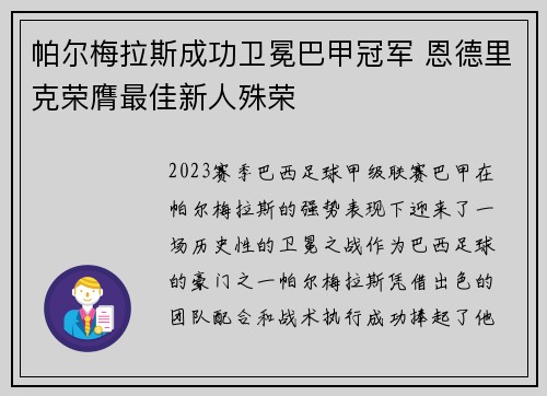 帕尔梅拉斯成功卫冕巴甲冠军 恩德里克荣膺最佳新人殊荣 帕尔梅拉斯成功卫冕巴甲冠军 恩德里克荣膺最佳新人殊荣
