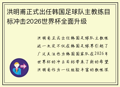 洪明甫正式出任韩国足球队主教练目标冲击2026世界杯全面升级
